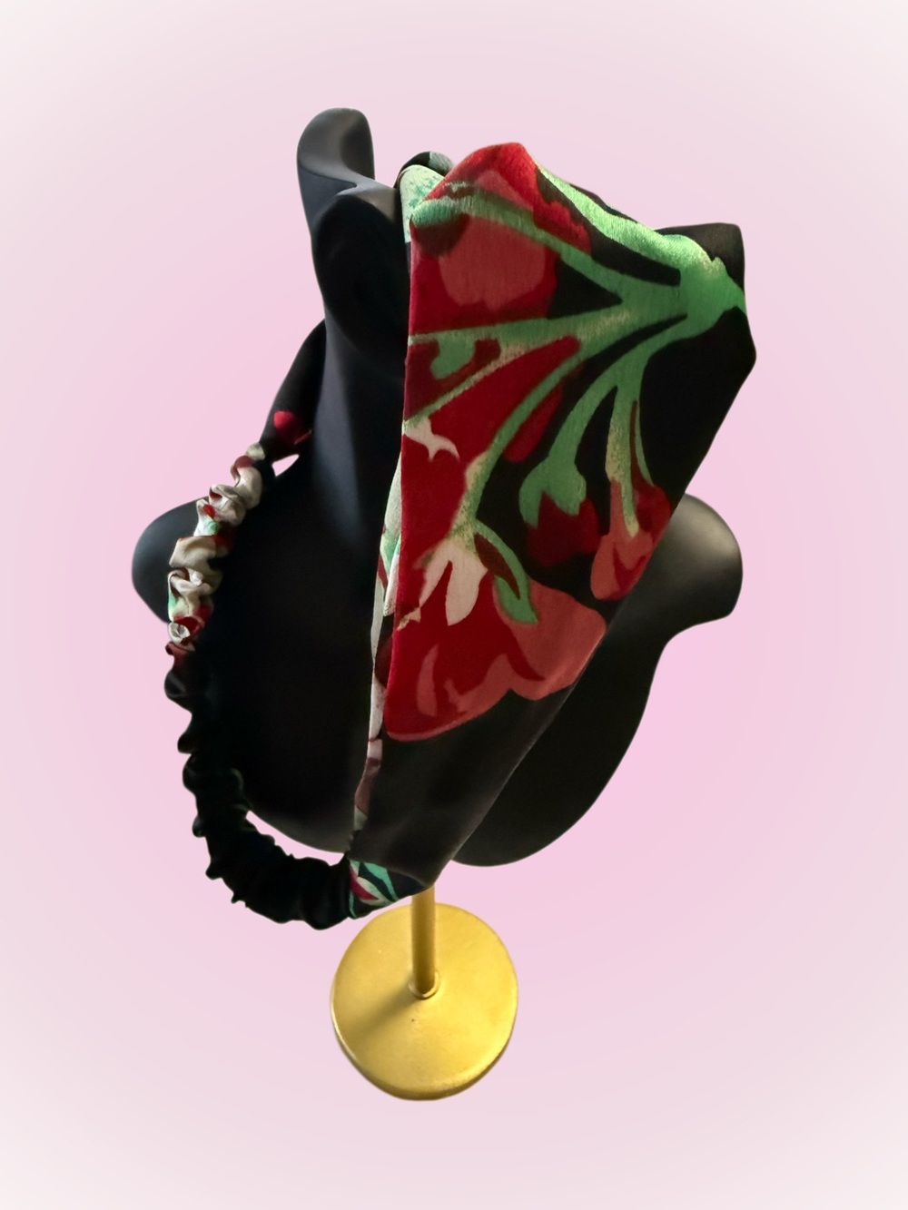 Floral Red Twist Headband with Green Accents